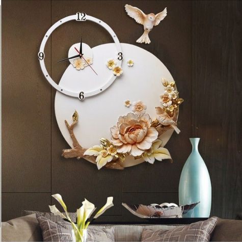 Đồng hồ treo tường phù điêu hoa mẫu đơn và chim