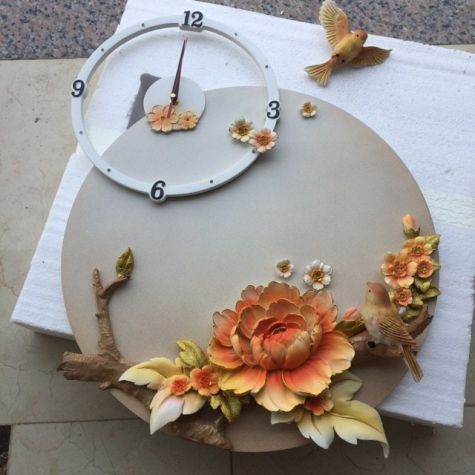 Đồng hồ treo tường phù điêu hoa mẫu đơn và chim